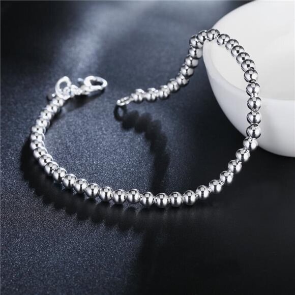 925 Sterling Silver Classic 4MM Round Beads Chain Bracelets for Women Men - Picture 1 of 6